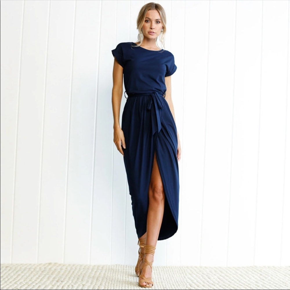 Blue Midi Dress With Tie Waist